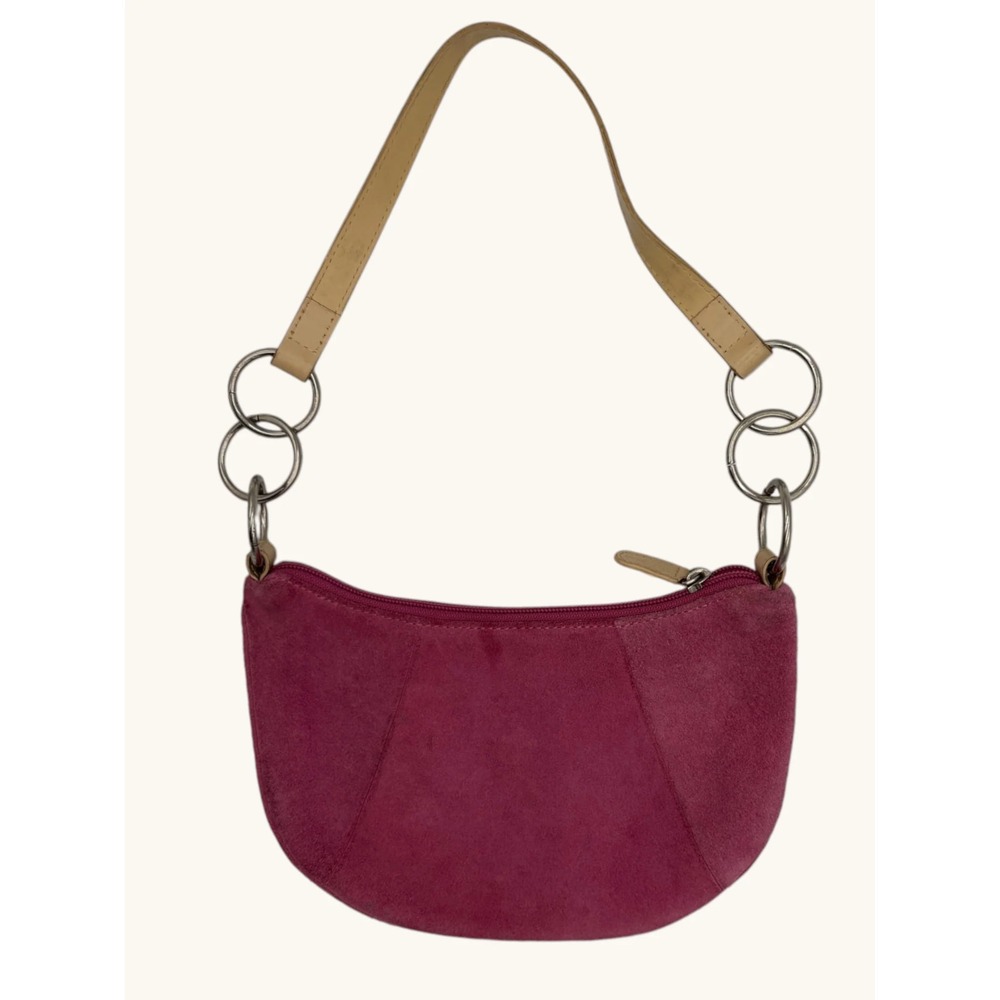 M. London Magenta Pink Suede Shoulder Bag Tan Leather Strap Ring Hardware Y2K